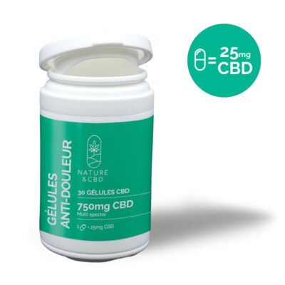 Cylindrical plastic box, filled with CBD capsules.