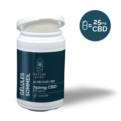 Cylindrical plastic box, filled with CBD capsules.
