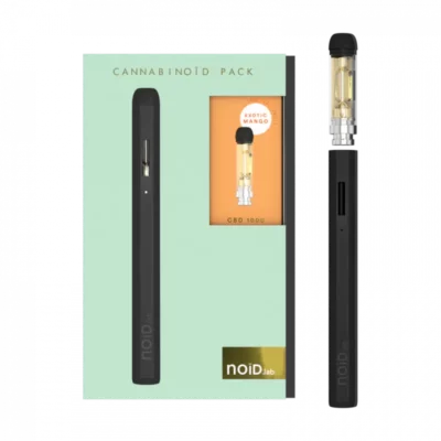 Vape-Pen in an upright position. Next to its cardboard packaging.
